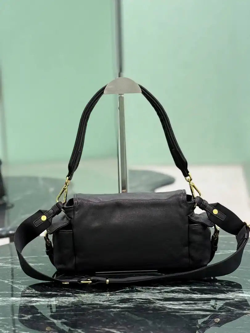 Prada Explore medium Lambskin leather shoulder bag with flap 1BD394 Black