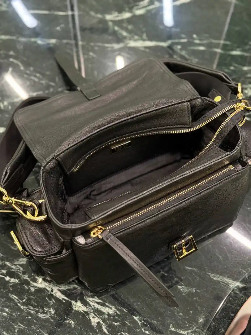 Prada Explore medium Lambskin leather shoulder bag with flap 1BD394 Black