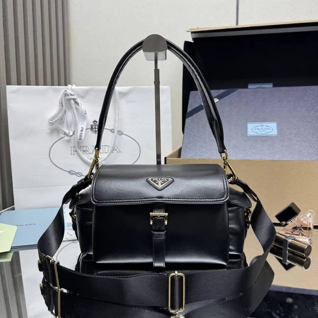 Prada Explore medium nappa leather shoulder bag with flap 1BD394 Black