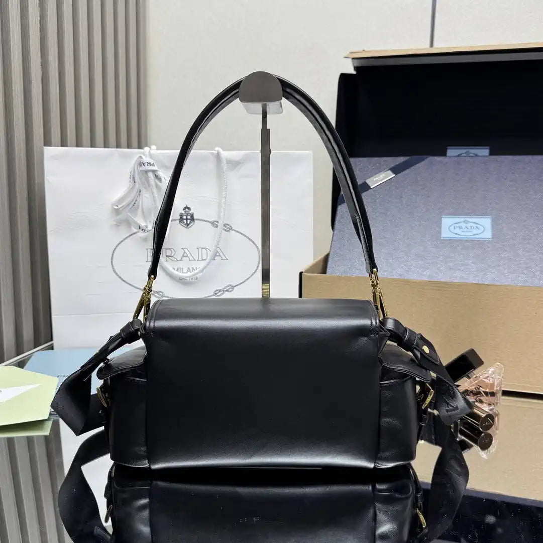 Prada Explore medium nappa leather shoulder bag with flap 1BD394 Black