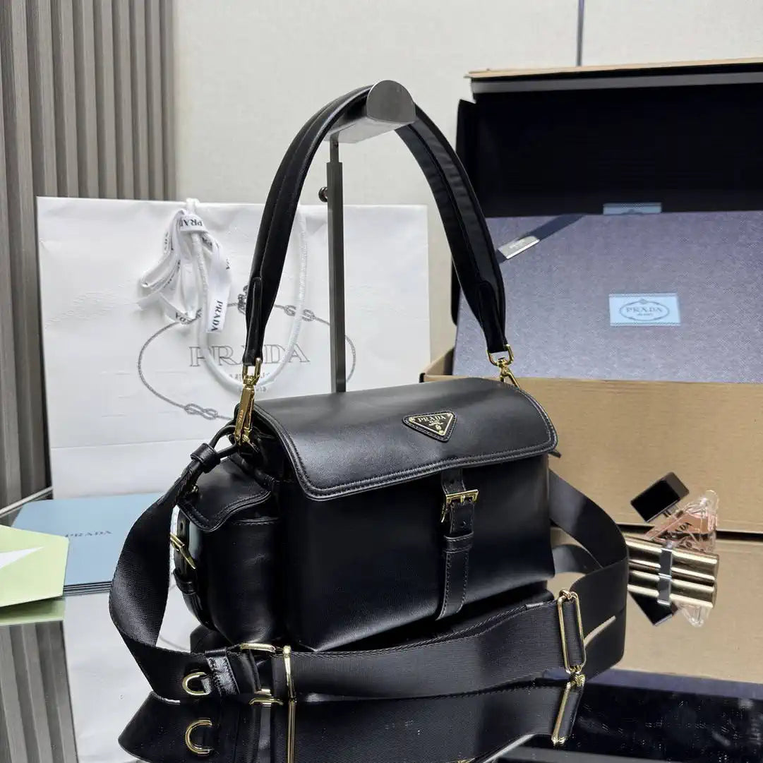 Prada Explore medium nappa leather shoulder bag with flap 1BD394 Black