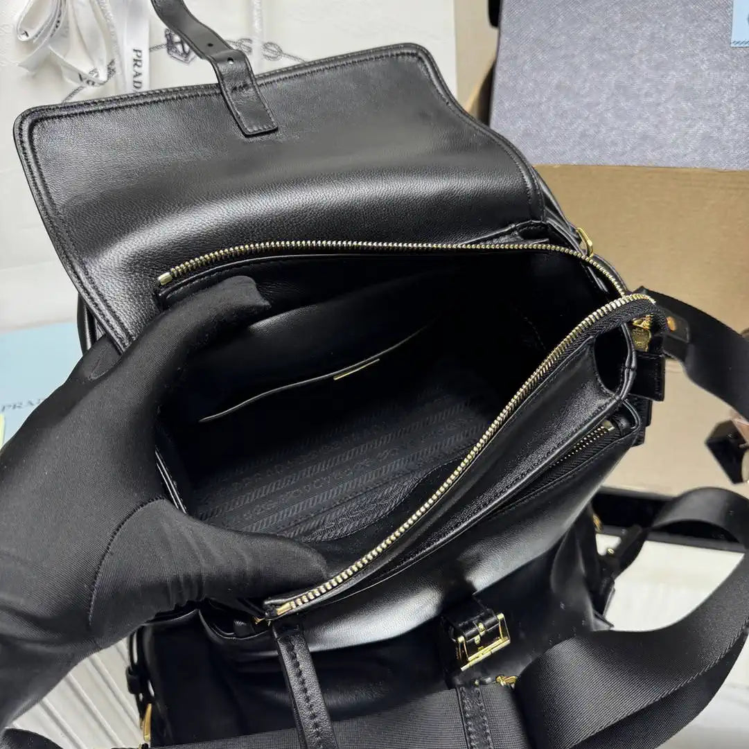 Prada Explore medium nappa leather shoulder bag with flap 1BD394 Black