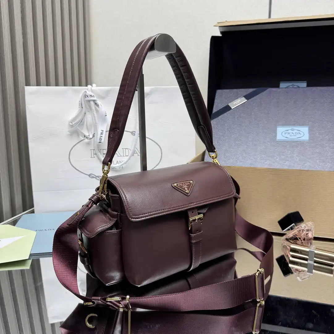 Prada Explore medium nappa leather shoulder bag with flap 1BD394 Dark Red