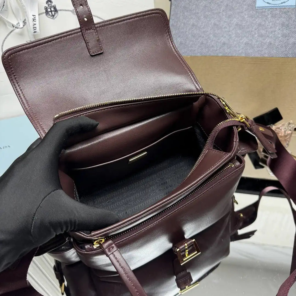Prada Explore medium nappa leather shoulder bag with flap 1BD394 Dark Red