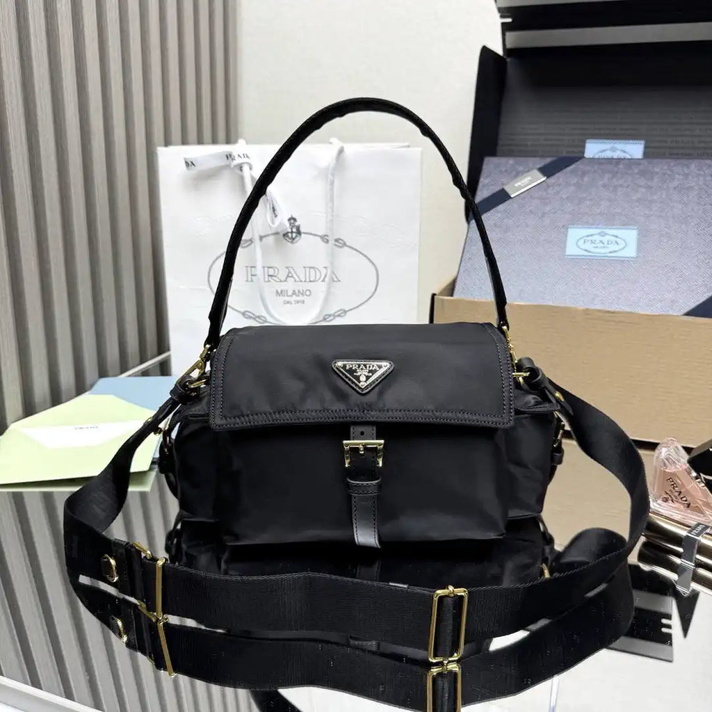 Prada Explore medium nylon shoulder bag with flap 1BD394 Black