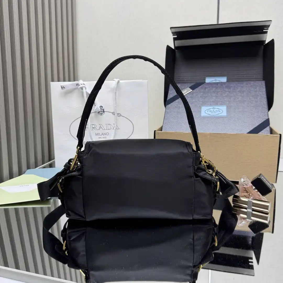Prada Explore medium nylon shoulder bag with flap 1BD394 Black