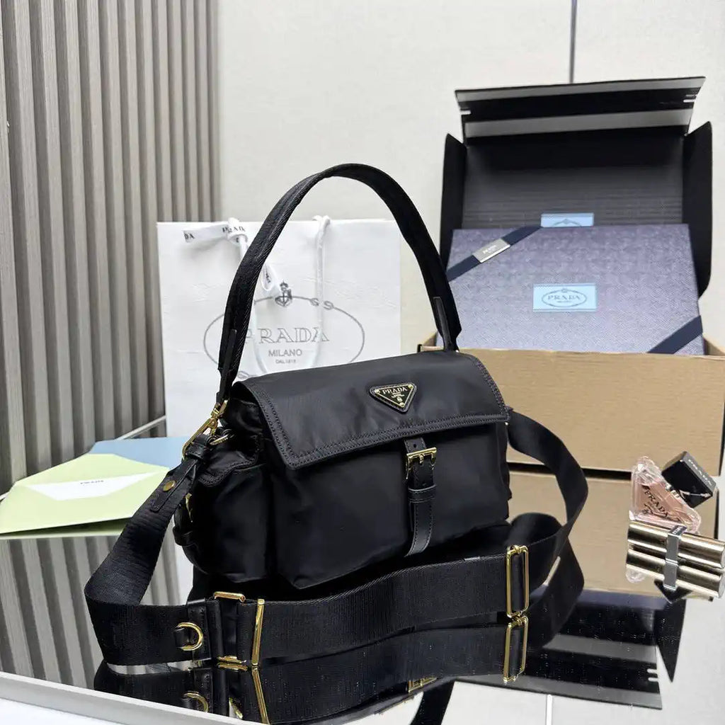 Prada Explore medium nylon shoulder bag with flap 1BD394 Black