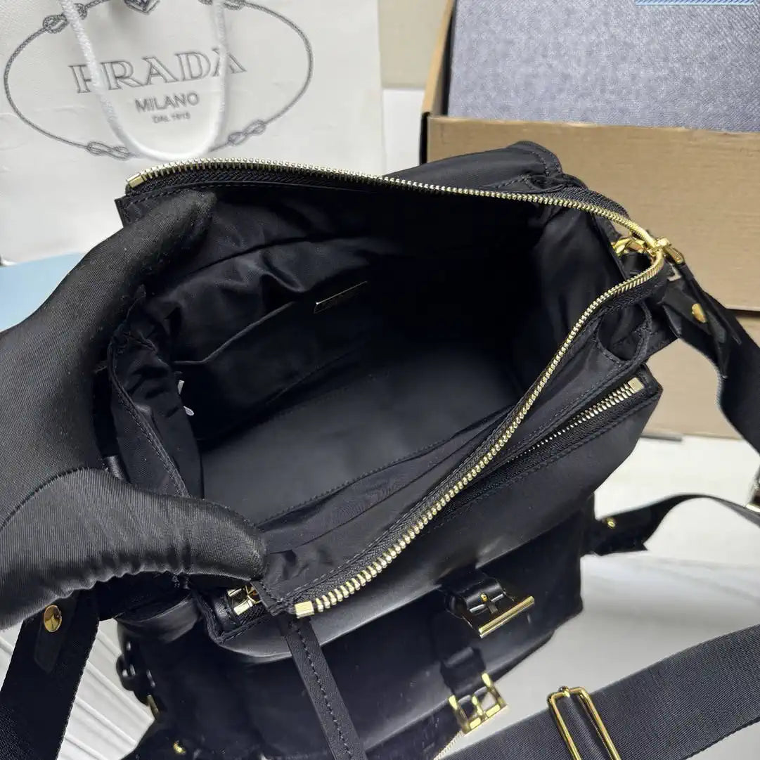 Prada Explore medium nylon shoulder bag with flap 1BD394 Black