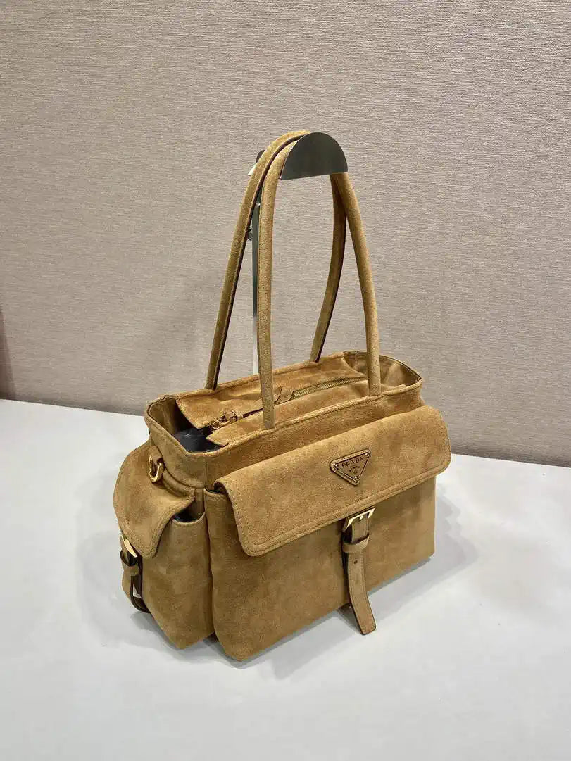 Prada Explore medium suede leather tote bag 1BG596 Brown