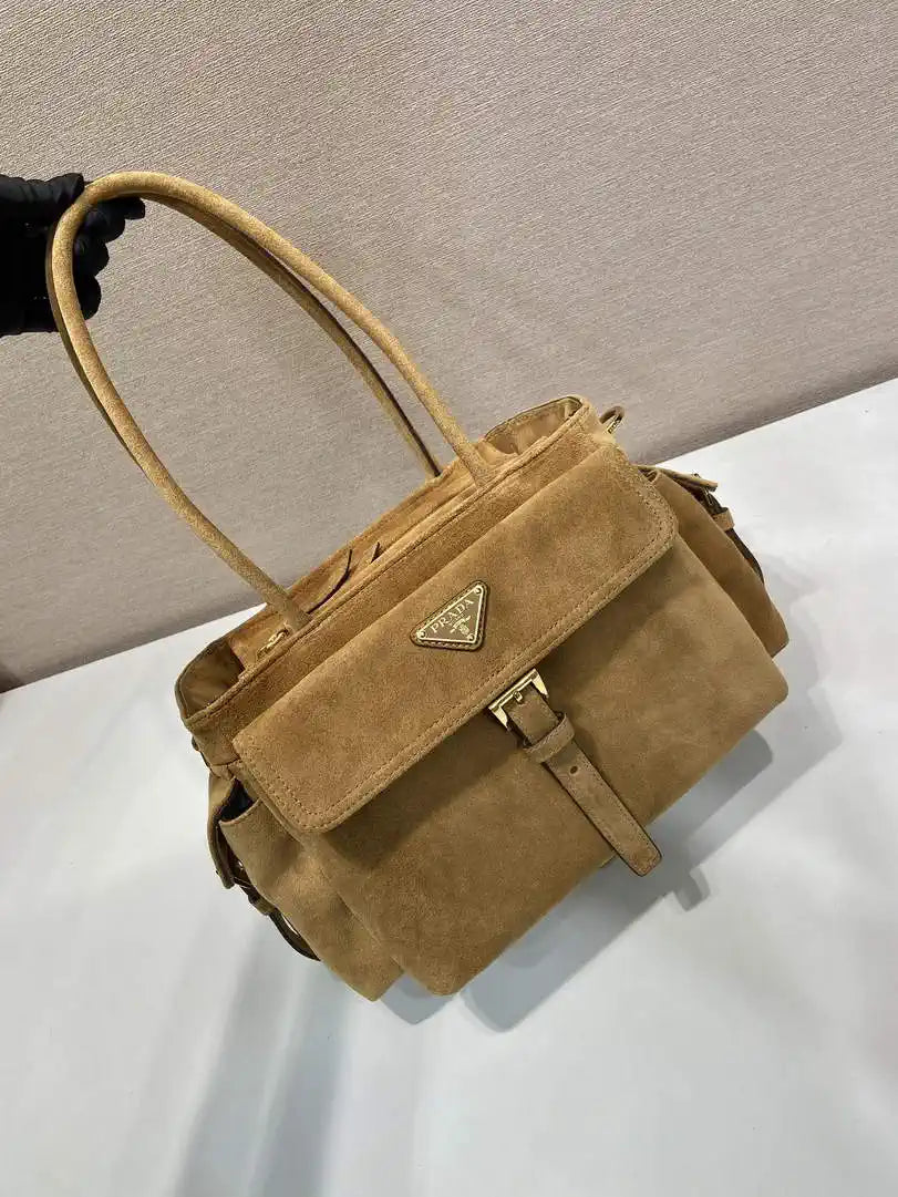 Prada Explore medium suede leather tote bag 1BG596 Brown