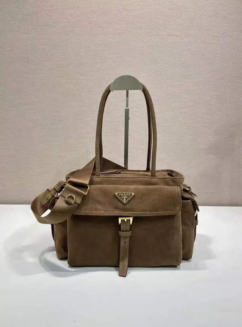 Prada Explore medium suede leather tote bag 1BG596 Dark Brown