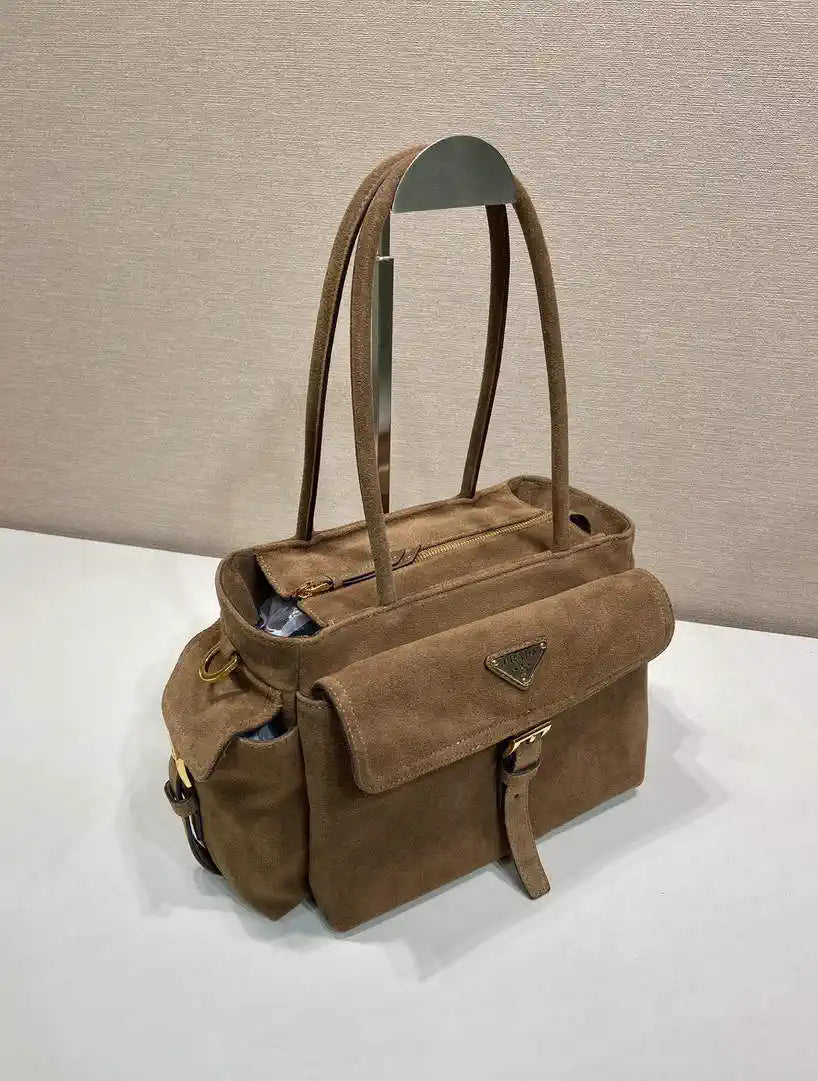Prada Explore medium suede leather tote bag 1BG596 Dark Brown