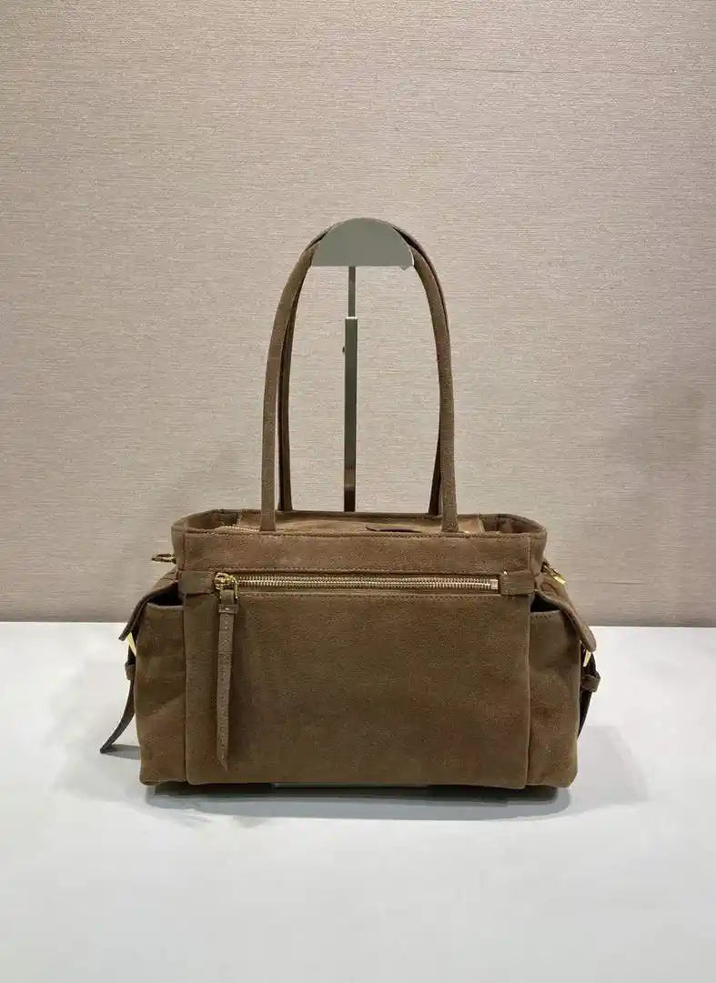 Prada Explore medium suede leather tote bag 1BG596 Dark Brown