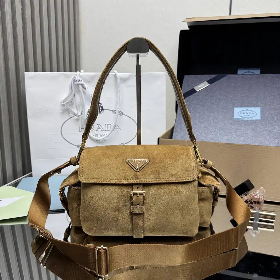 Prada Explore medium suede shoulder bag with flap 1BD394 Brown