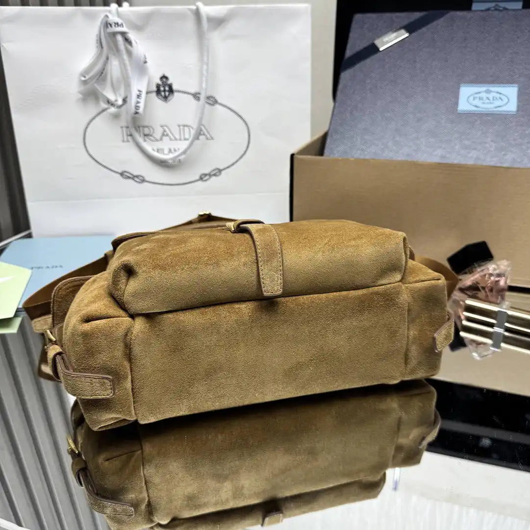 Prada Explore medium suede shoulder bag with flap 1BD394 Brown