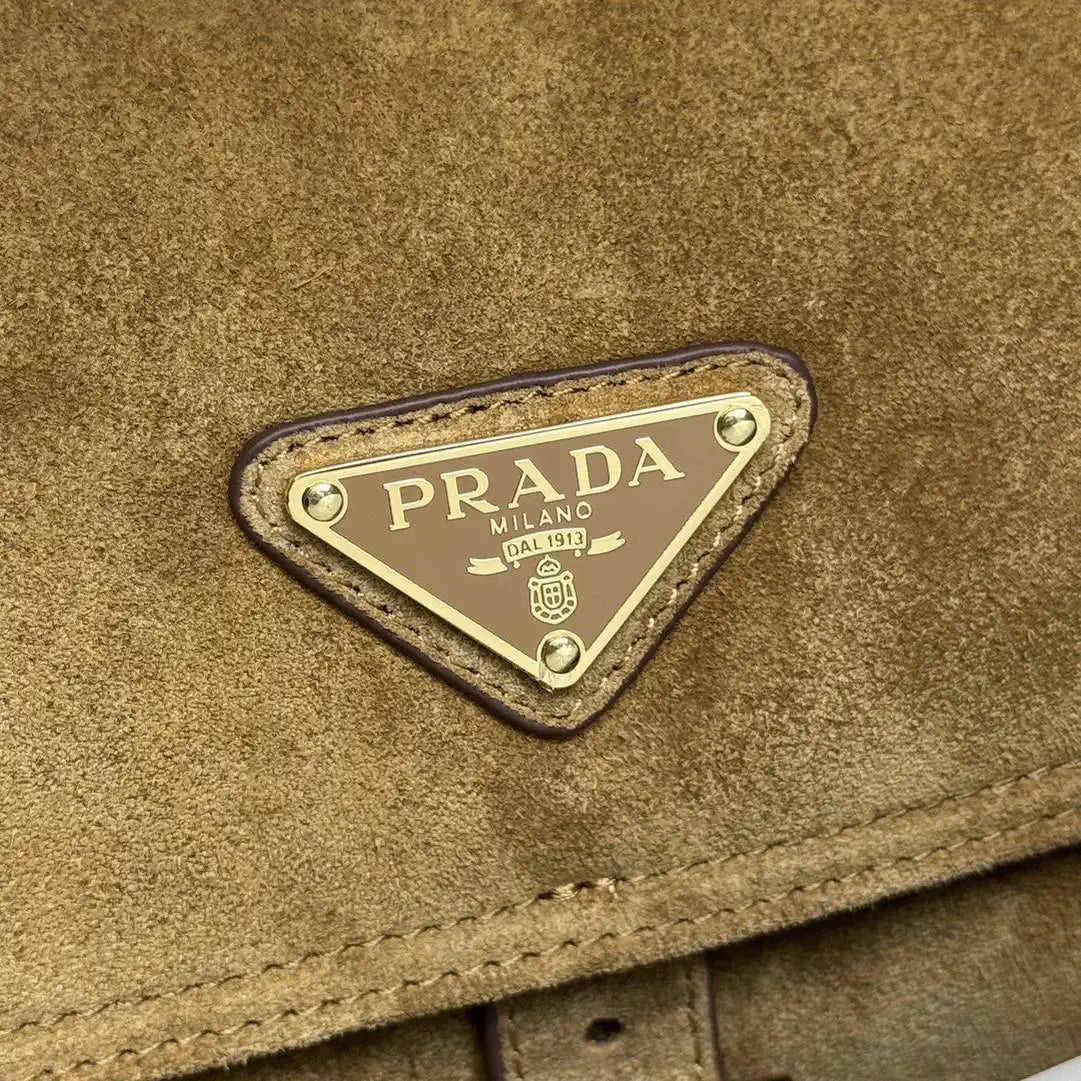 Prada Explore medium suede shoulder bag with flap 1BD394 Brown