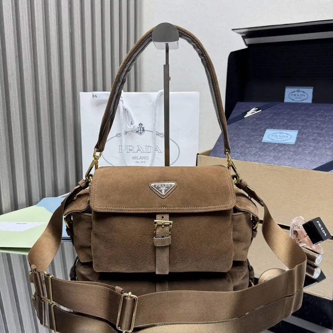 Prada Explore medium suede shoulder bag with flap 1BD394 Brown