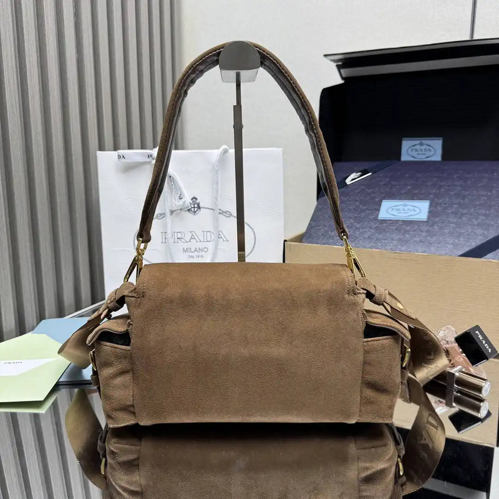 Prada Explore medium suede shoulder bag with flap 1BD394 Cocoa Brown