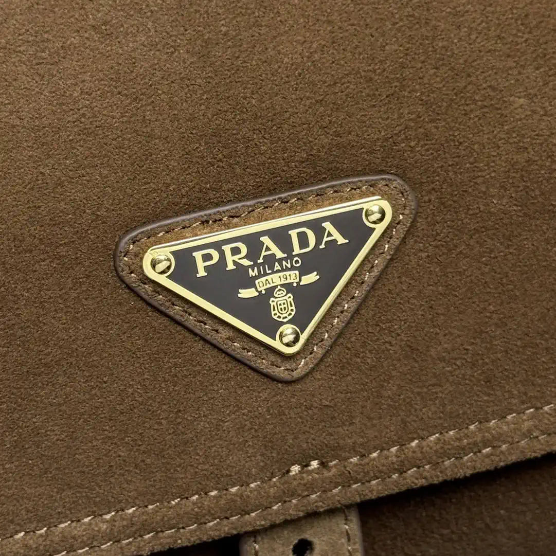 Prada Explore medium suede shoulder bag with flap 1BD394 Cocoa Brown