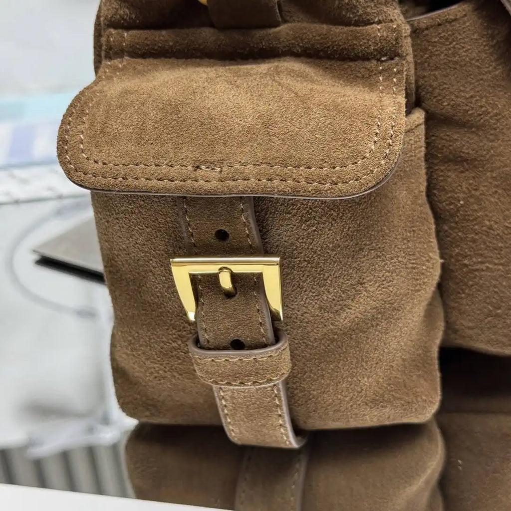 Prada Explore medium suede shoulder bag with flap 1BD394 Cocoa Brown