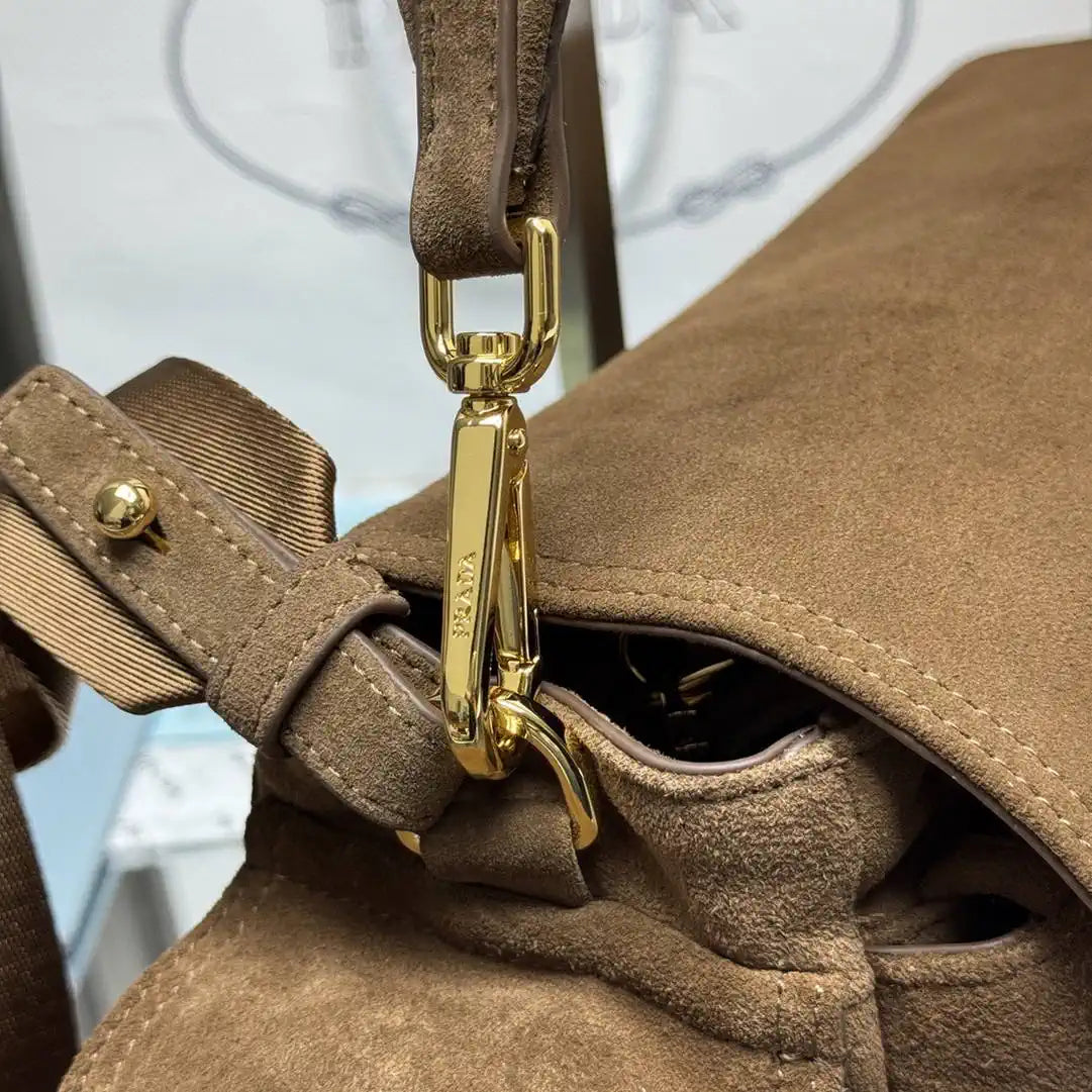 Prada Explore medium suede shoulder bag with flap 1BD394 Cocoa Brown