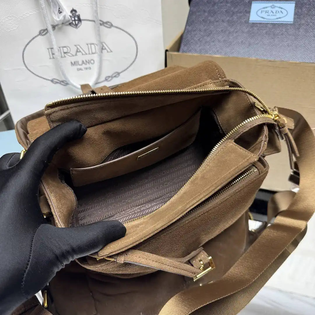 Prada Explore medium suede shoulder bag with flap 1BD394 Cocoa Brown