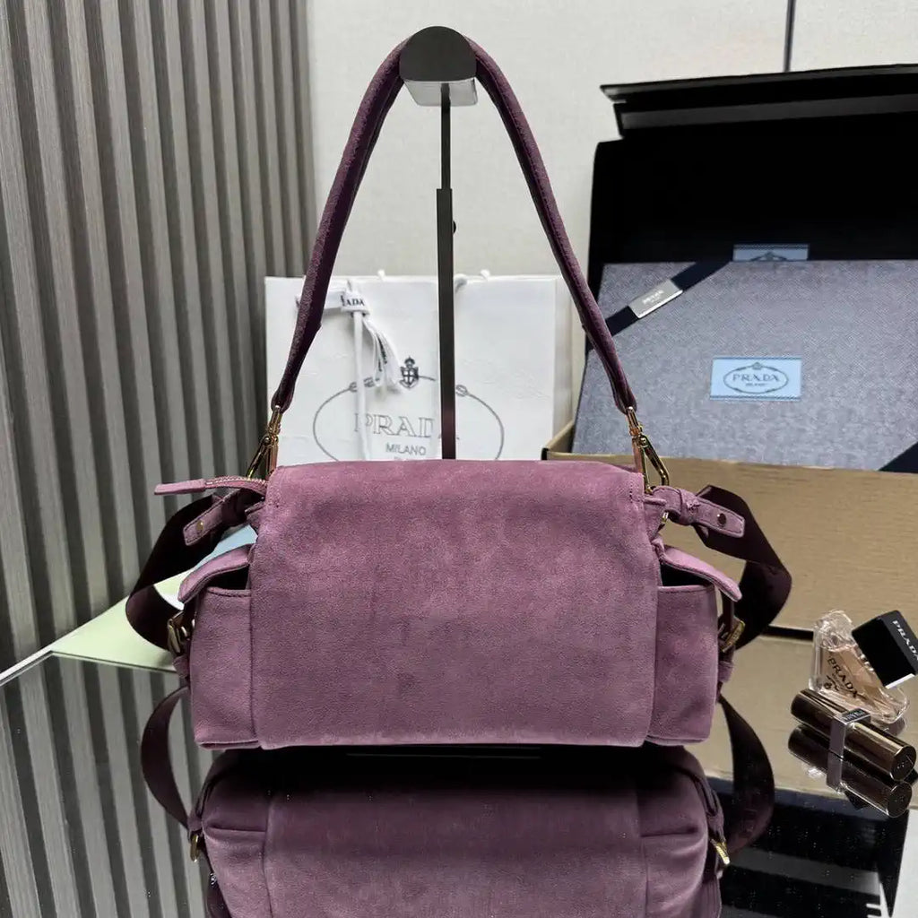 Prada Explore medium suede shoulder bag with flap 1BD394 Purple Red