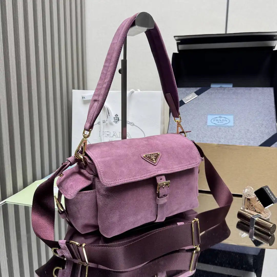 Prada Explore medium suede shoulder bag with flap 1BD394 Purple Red