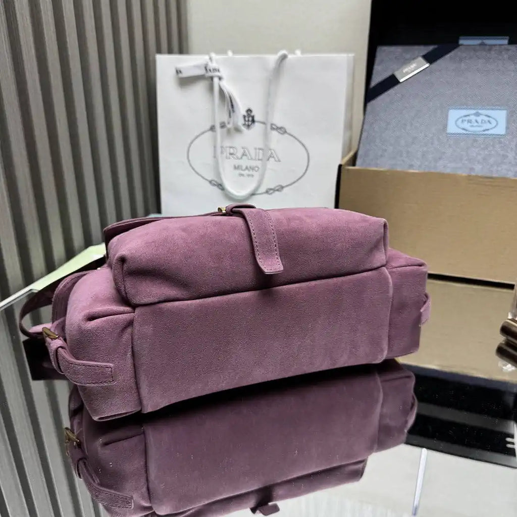 Prada Explore medium suede shoulder bag with flap 1BD394 Purple Red