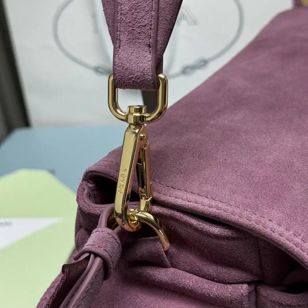 Prada Explore medium suede shoulder bag with flap 1BD394 Purple Red