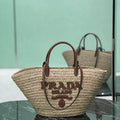Prada Large raffia and leather shopping bag 1BG470 Beige Cognac