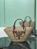 Prada Large raffia and leather shopping bag 1BG470 Beige Cognac