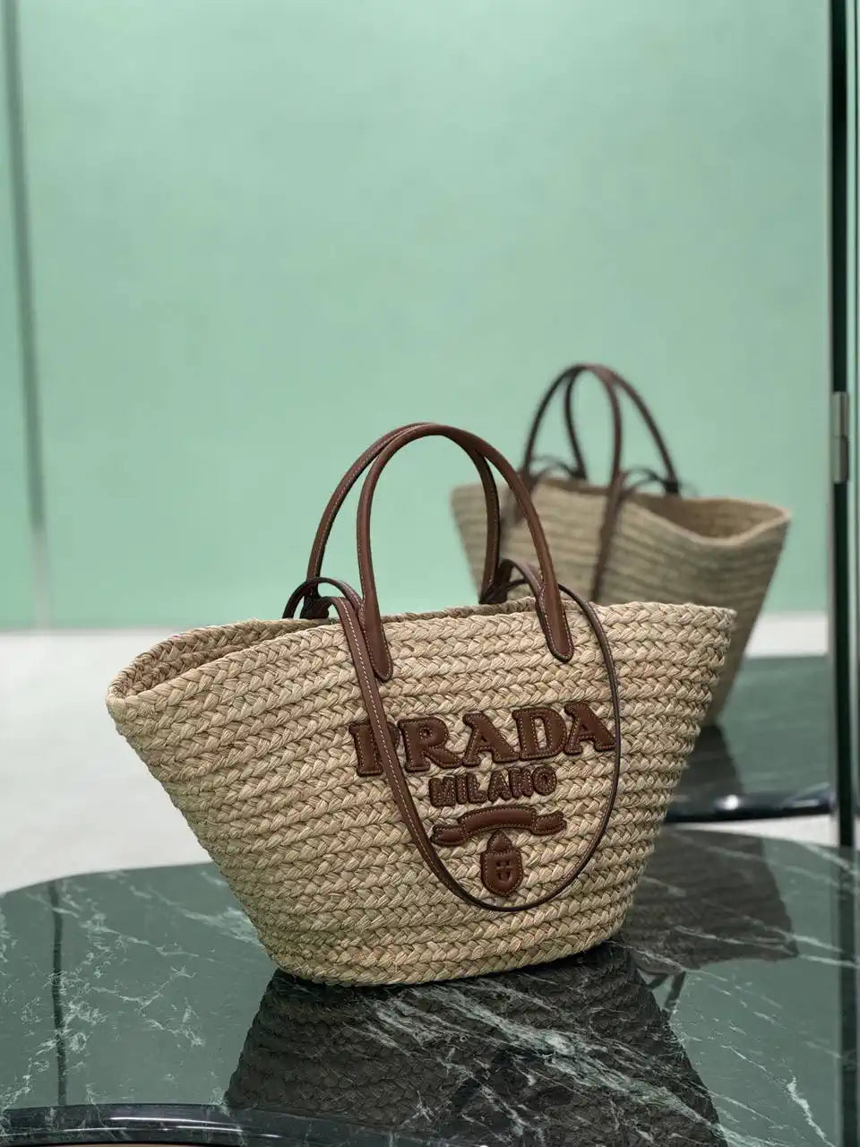Prada Large raffia and leather shopping bag 1BG470 Beige Cognac