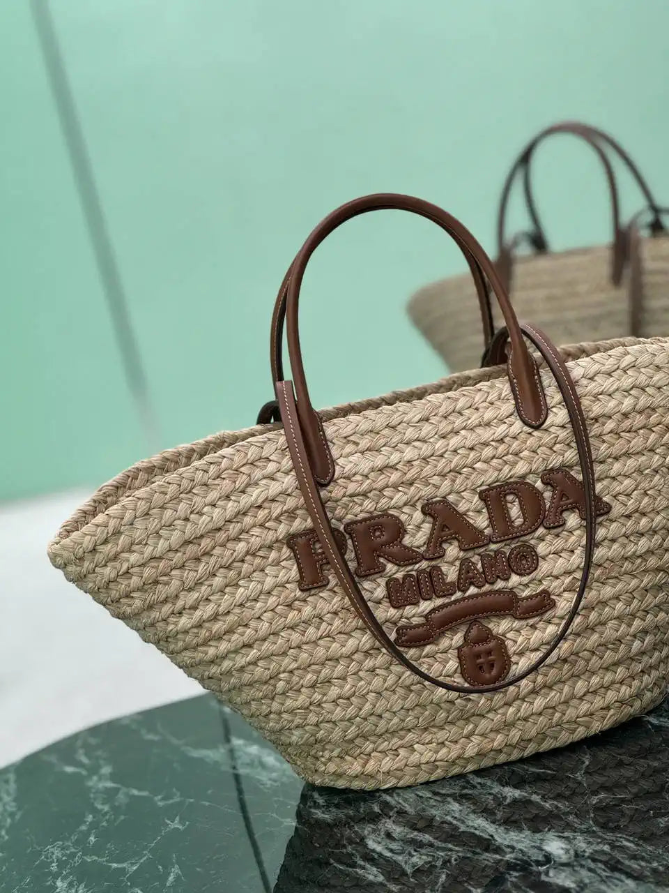 Prada Large raffia and leather shopping bag 1BG470 Beige Cognac