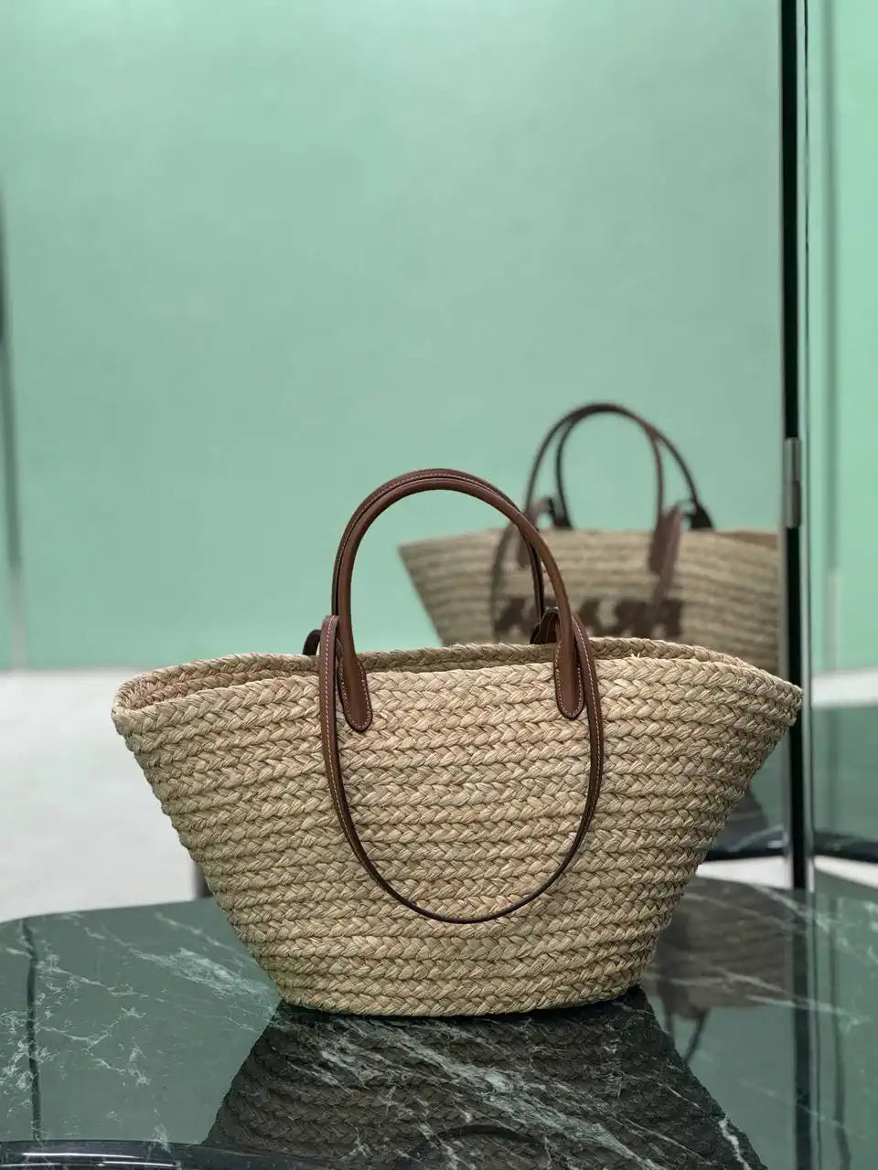 Prada Large raffia and leather shopping bag 1BG470 Beige Cognac