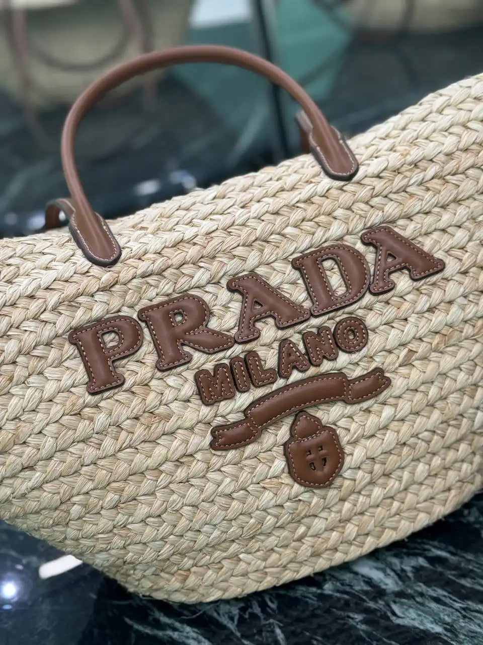 Prada Large raffia and leather shopping bag 1BG470 Beige Cognac