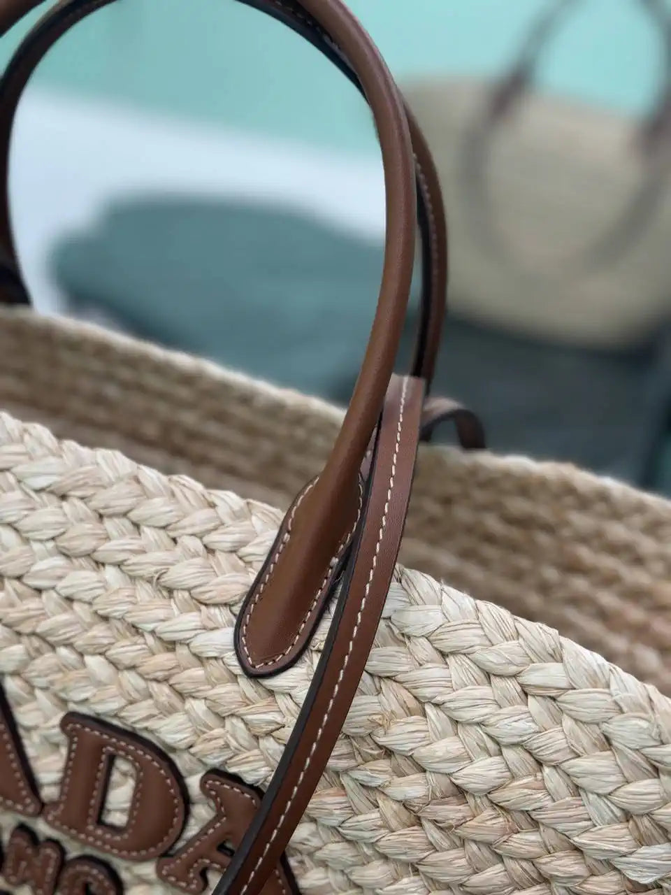 Prada Large raffia and leather shopping bag 1BG470 Beige Cognac