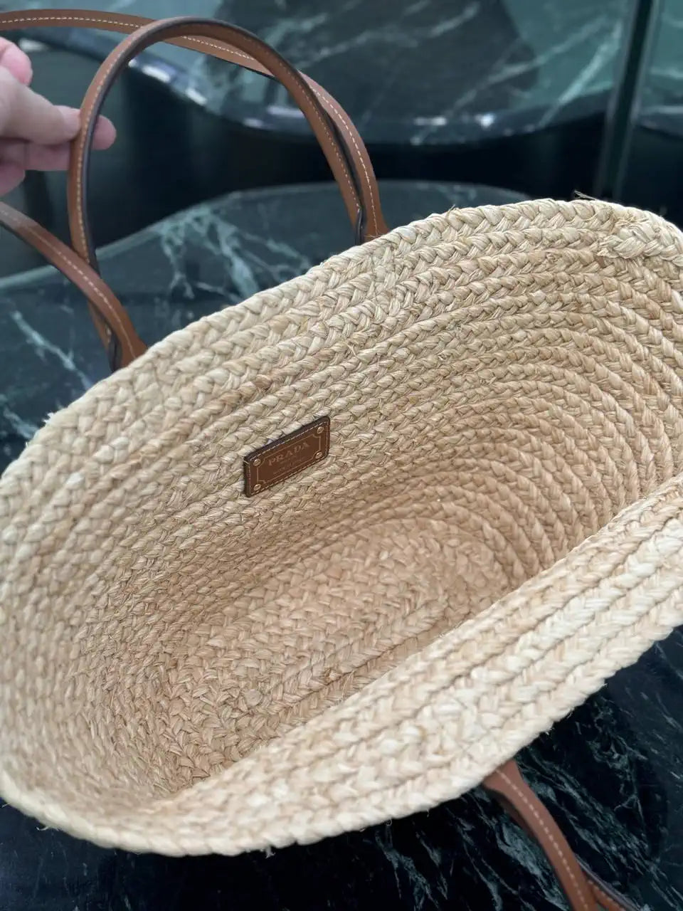 Prada Large raffia and leather shopping bag 1BG470 Beige Cognac