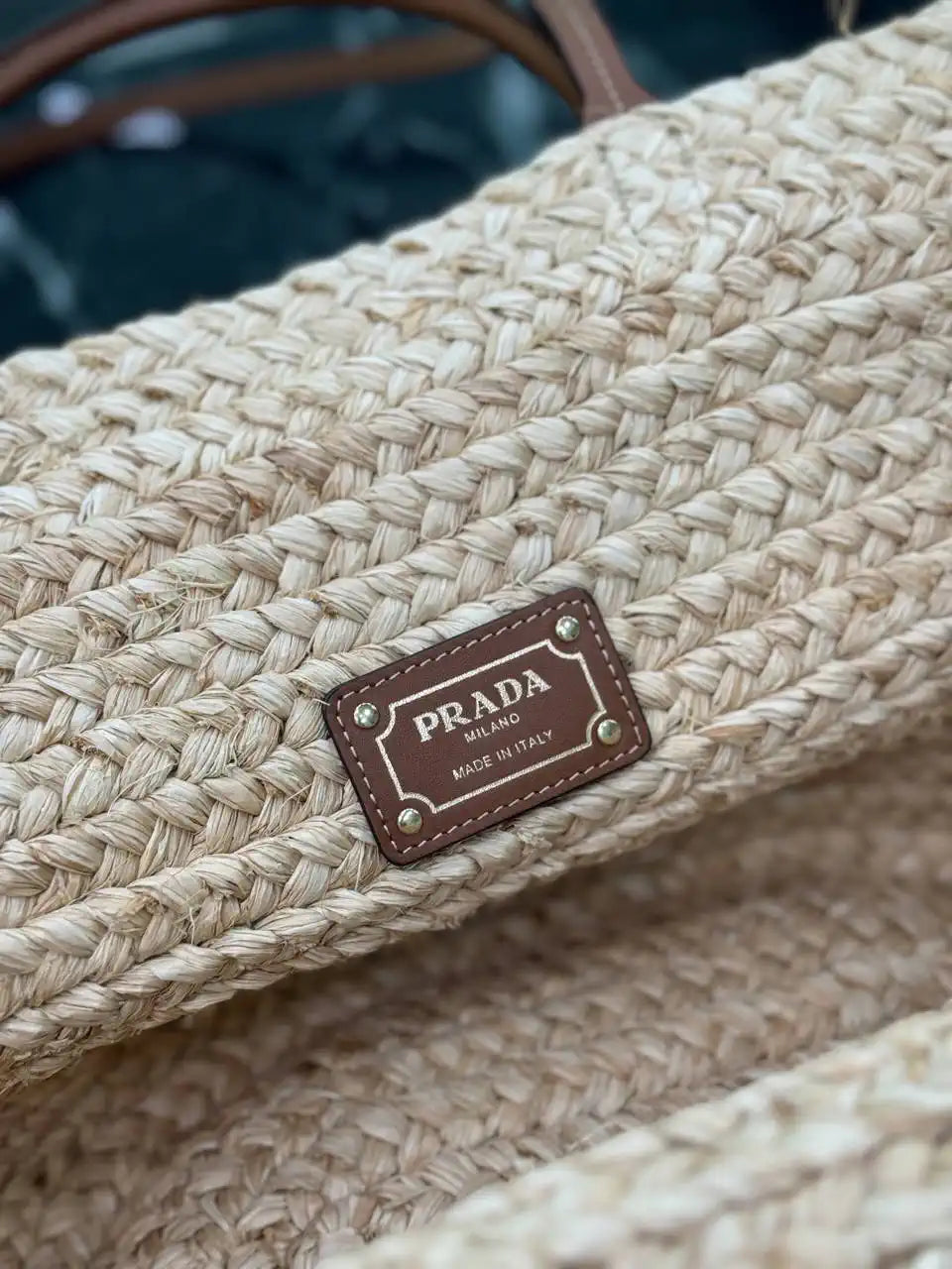 Prada Large raffia and leather shopping bag 1BG470 Beige Cognac