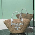 Prada Large raffia and leather shopping bag 1BG470 Beige White