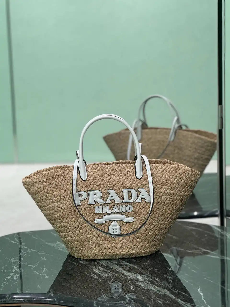 Prada Large raffia and leather shopping bag 1BG470 Beige White