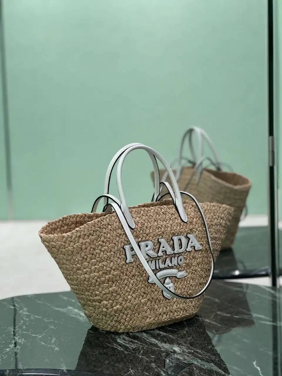 Prada Large raffia and leather shopping bag 1BG470 Beige White