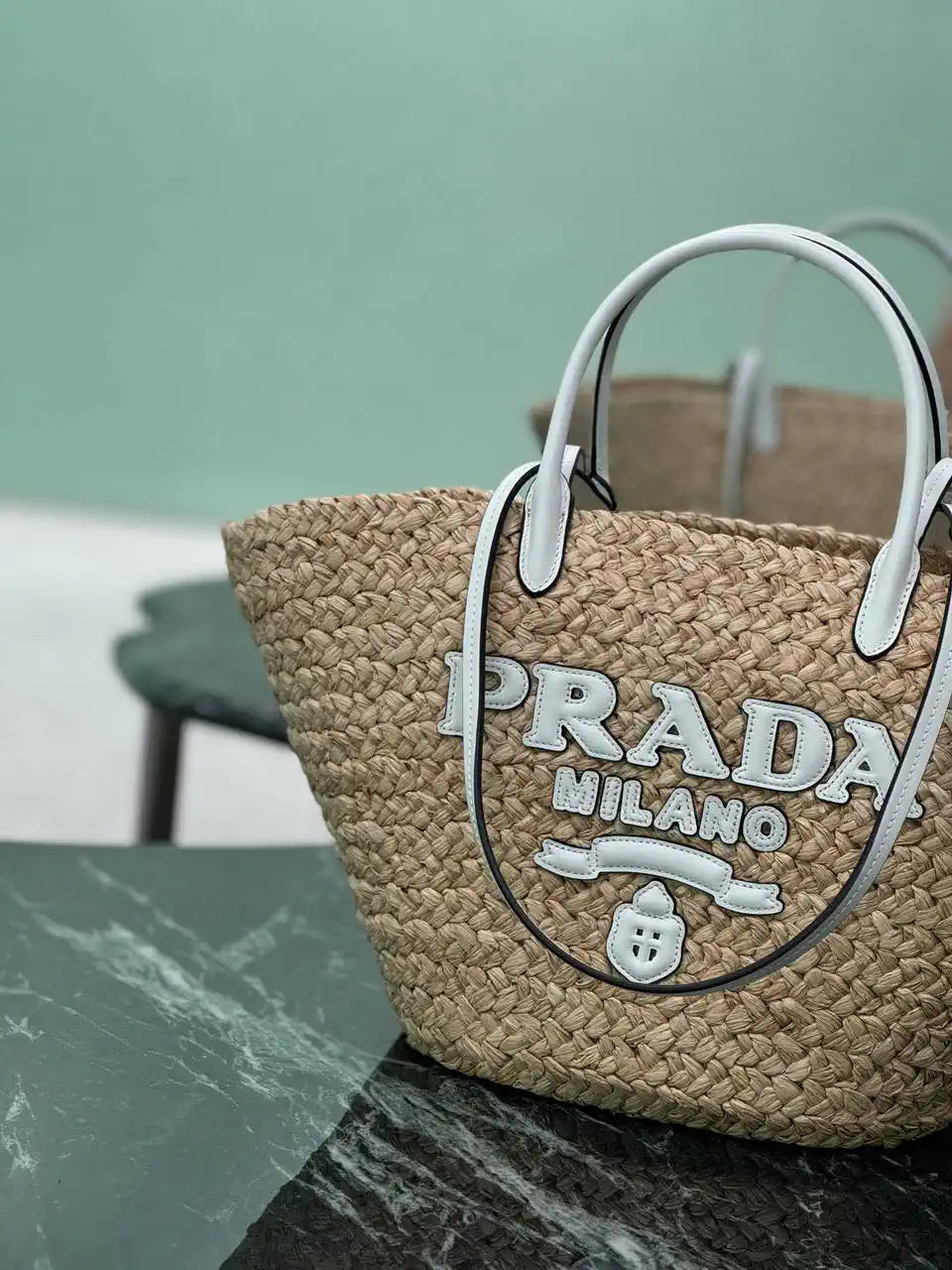 Prada Large raffia and leather shopping bag 1BG470 Beige White