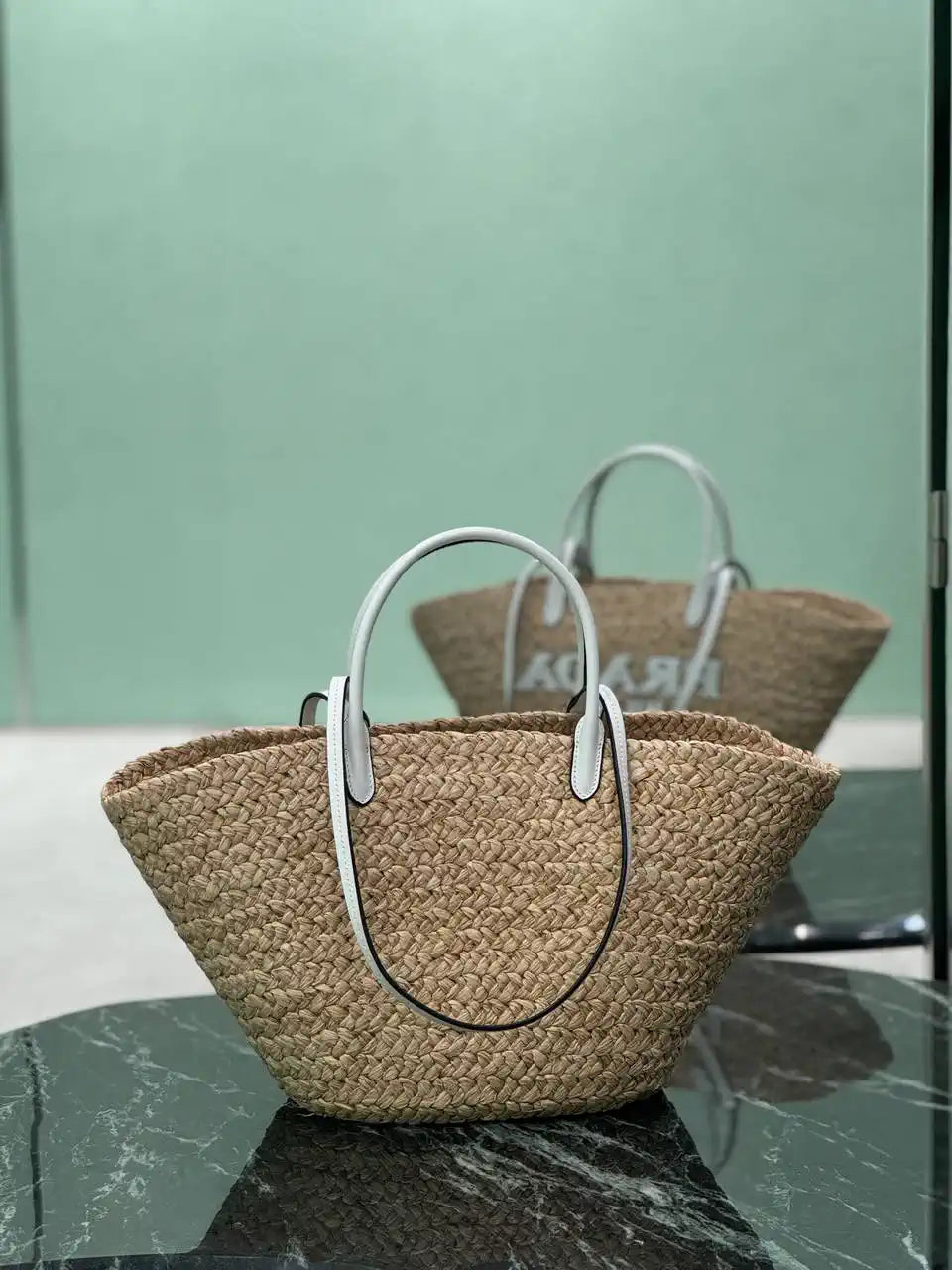 Prada Large raffia and leather shopping bag 1BG470 Beige White