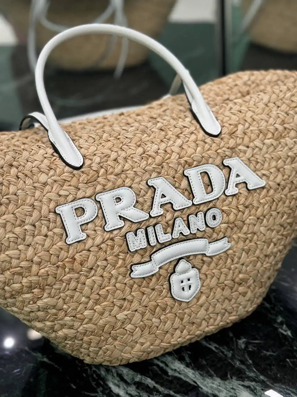 Prada Large raffia and leather shopping bag 1BG470 Beige White