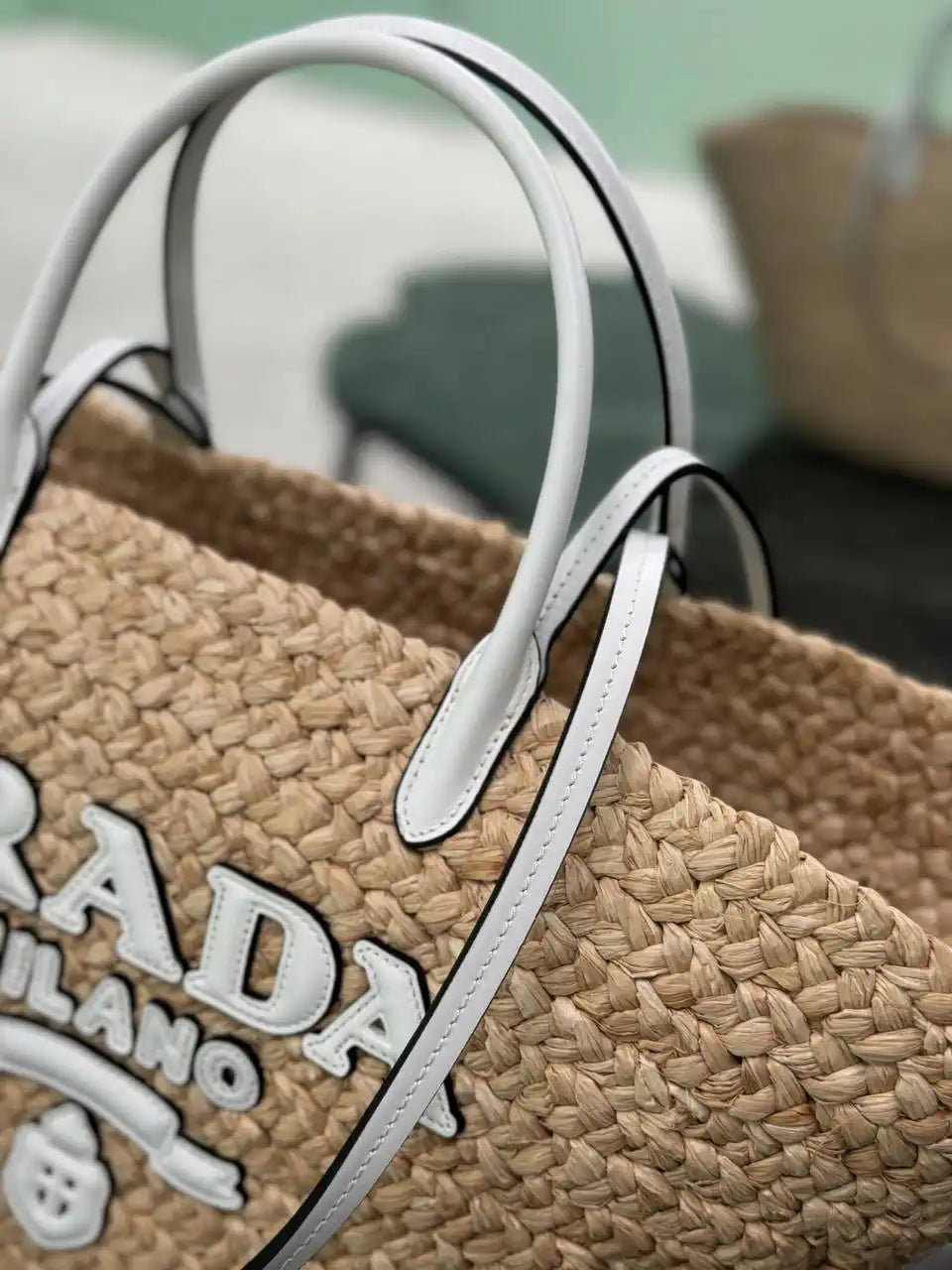Prada Large raffia and leather shopping bag 1BG470 Beige White