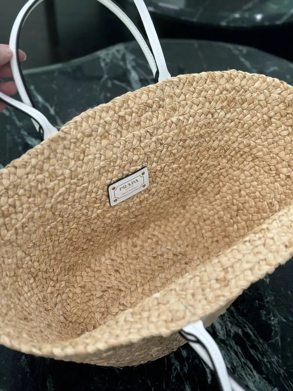 Prada Large raffia and leather shopping bag 1BG470 Beige White