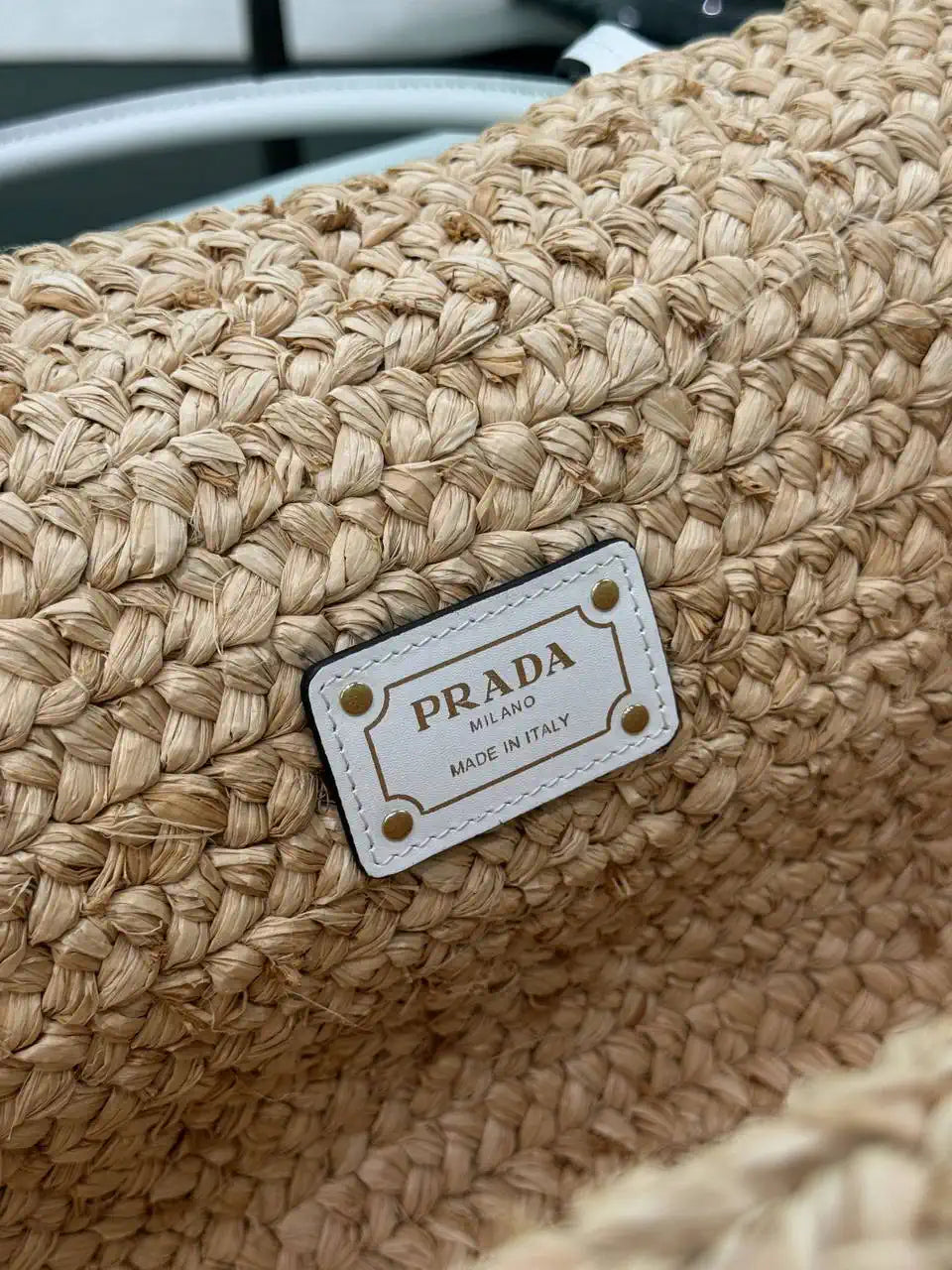 Prada Large raffia and leather shopping bag 1BG470 Beige White