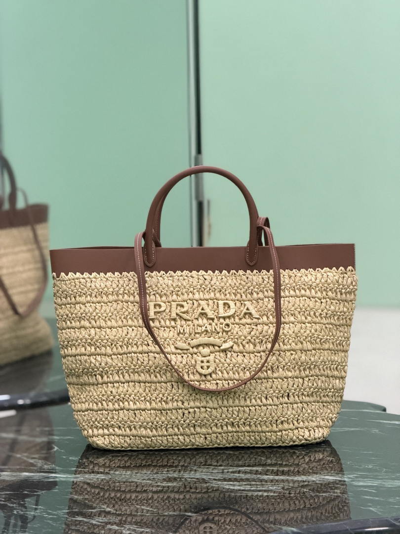 Prada Medium crochet and leather tote bag 1BG499 Brown