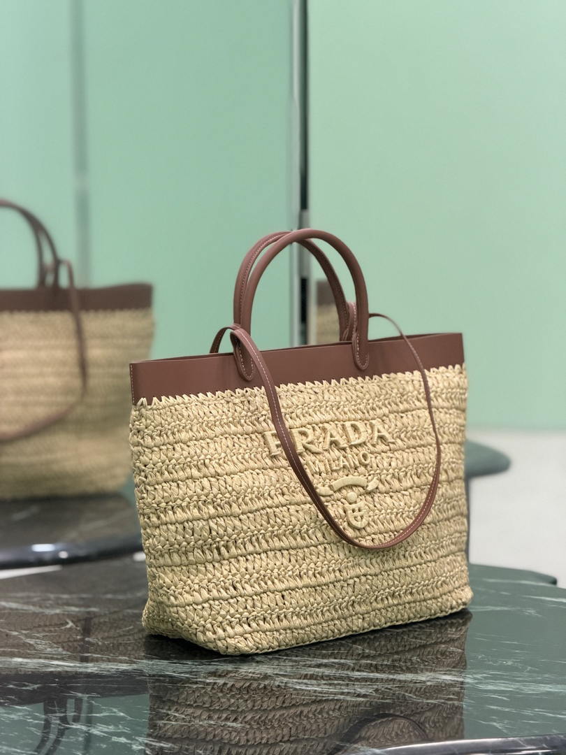 Prada Medium crochet and leather tote bag 1BG499 Brown